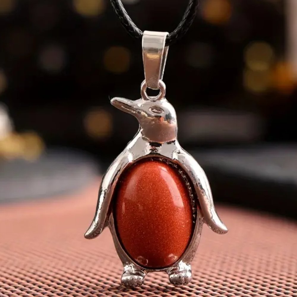 Gold Sandstone Natural Stone Penguin Shaped Pendant Necklace Healing Gemstone